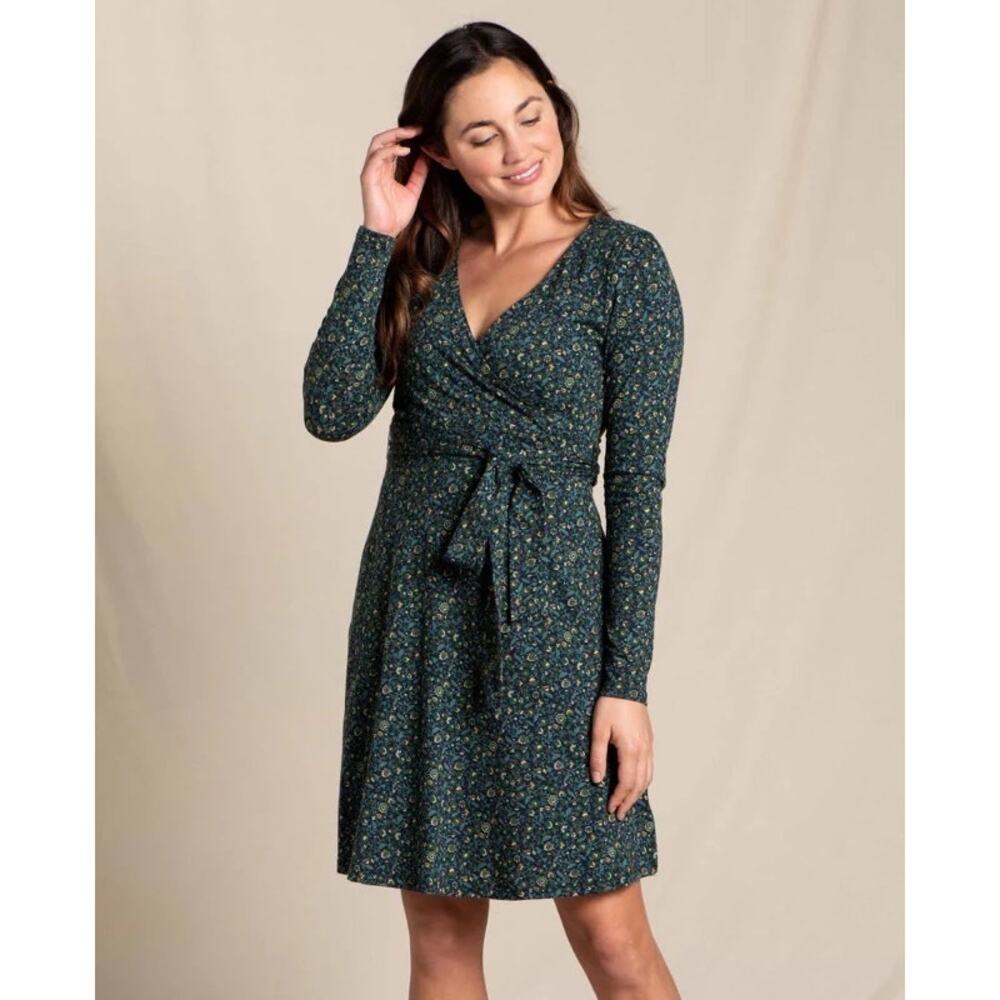 Toad&Co Cue Wrap Dress Women’s XS Green Serrano Dot  Organic Outdoor Active